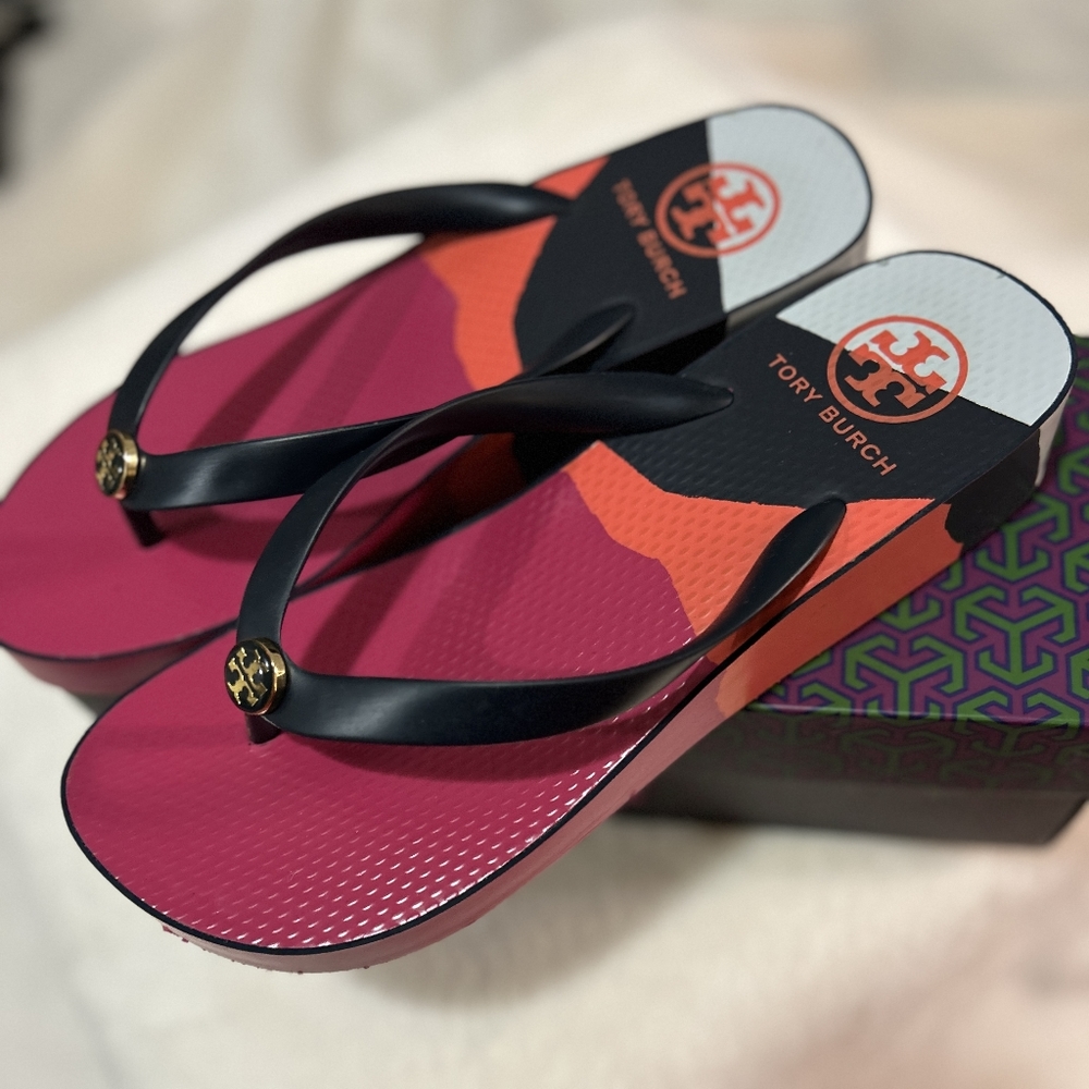 Tory Burch, size 9, Multi color wedge flip flops